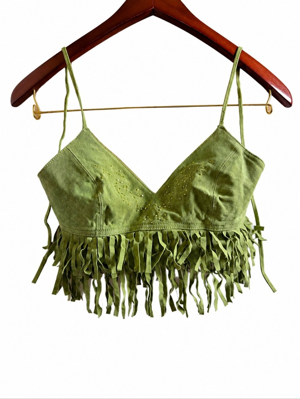 Y2K 100% Leather Fringe Crop Top Beaded Festival Boho Western Vintage - Picture 3 of 7